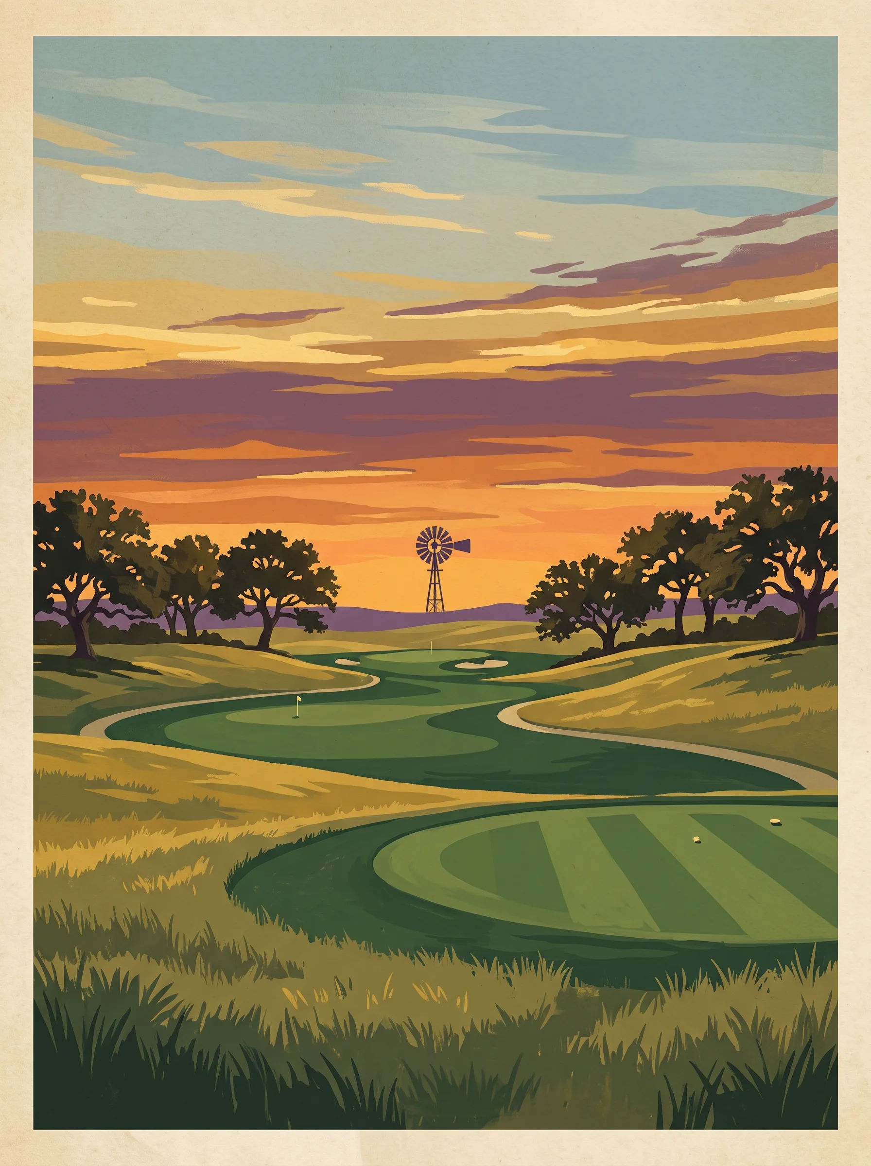 Painterly travel-poster illustration of a Texas prairie golf course at sunset.